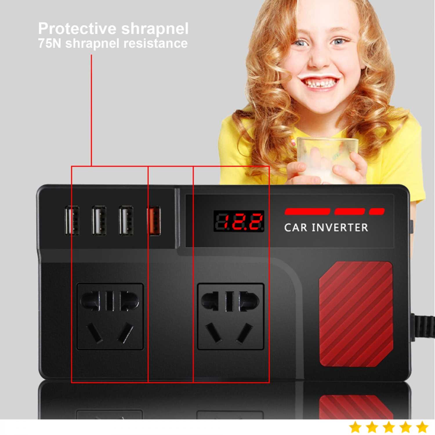 PU LI HAO Car Power Inverter DC 12V/24V to AC 220V 150W 4 USB Port - PLH200